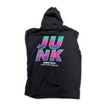 Load image into Gallery viewer, Junk Shredder Hoodie back, JUNK Since 2015 print, white background